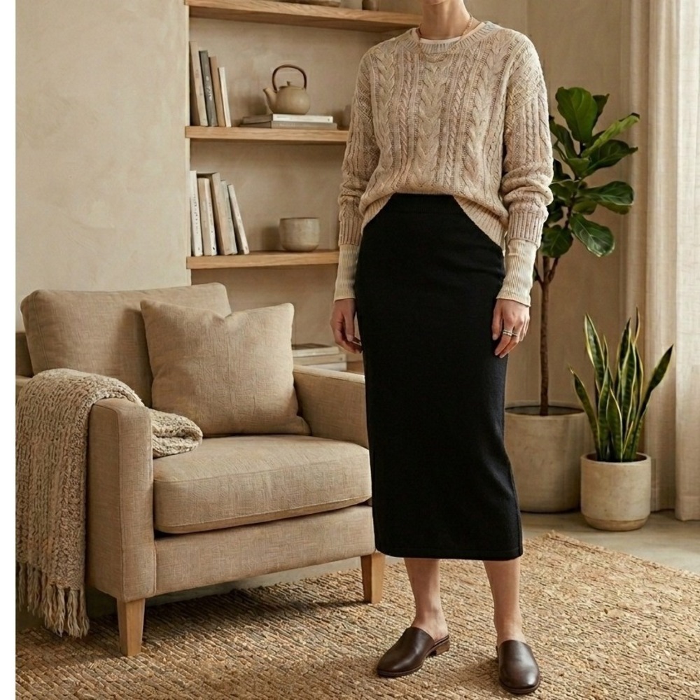 J. Jill Maxi Skirt Size Medium Tall Black Cotton Silk Blend Knit Pencil Pull-on